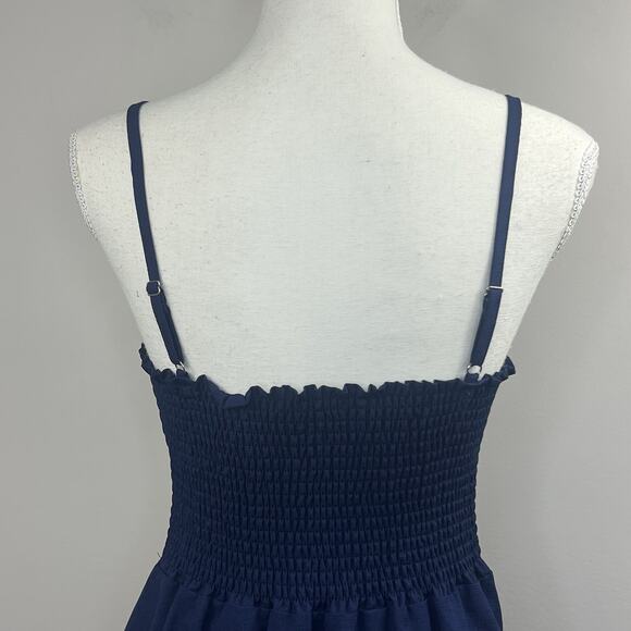 Yidarton Navy Blue Tie Front Summer Tank Midi Dress Size M Smocked Back - Picture 10 of 14